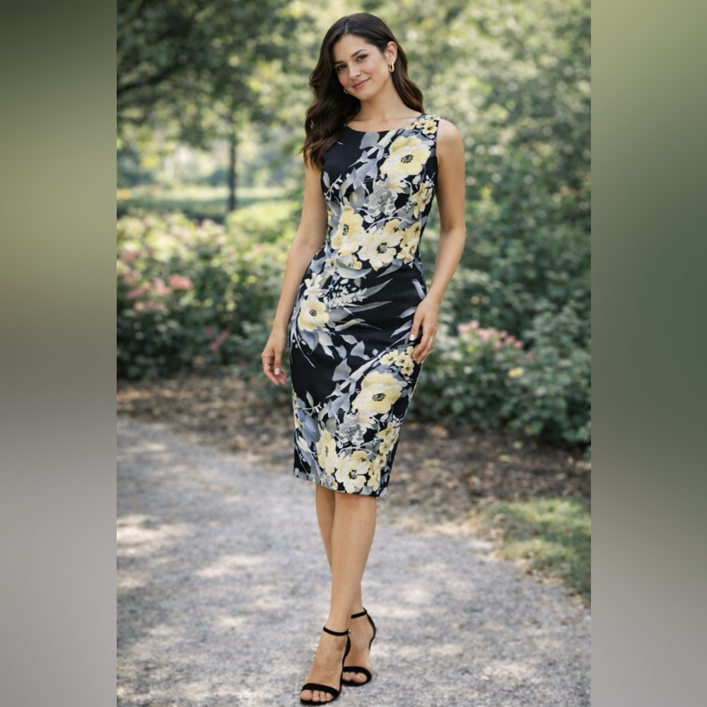Kasper Dress 2P 2 P Black Yellow Gray Stretch Career Church Summer NEW NWT